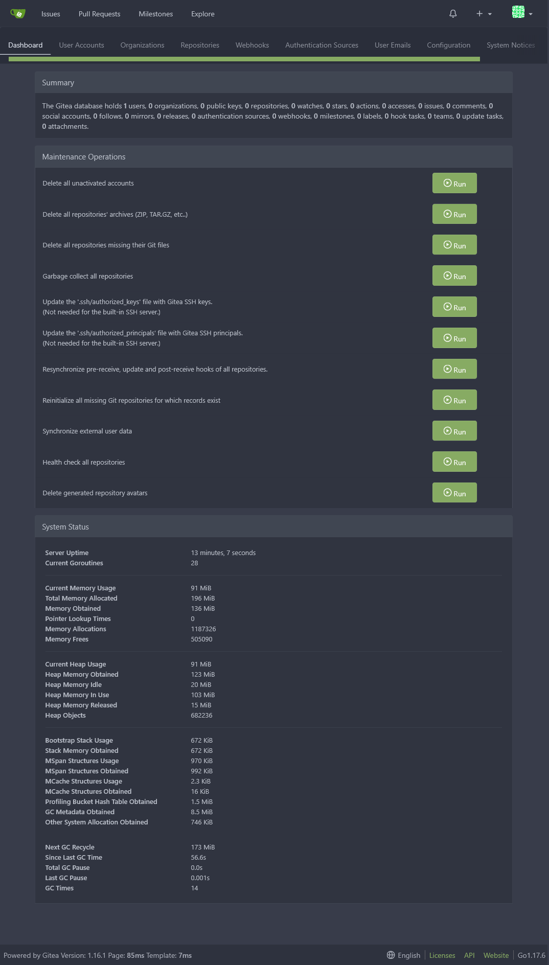 Gitea admin dashboard